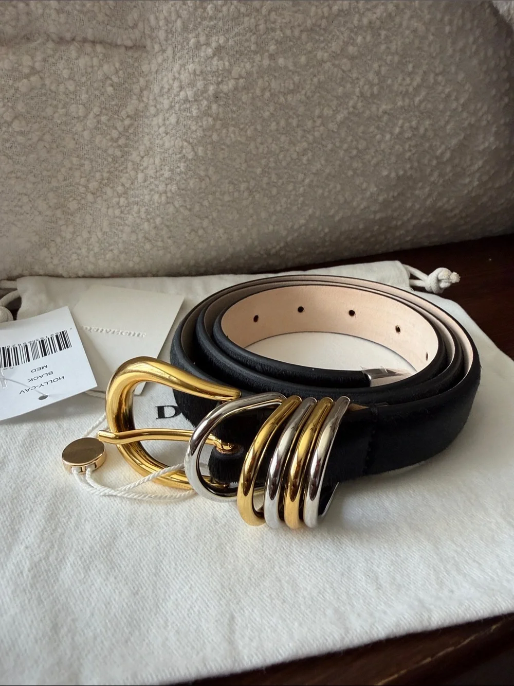 Dehanche Hollyhock Black Leather Calf Hair Belt - Gold and Silver Buckle Size M